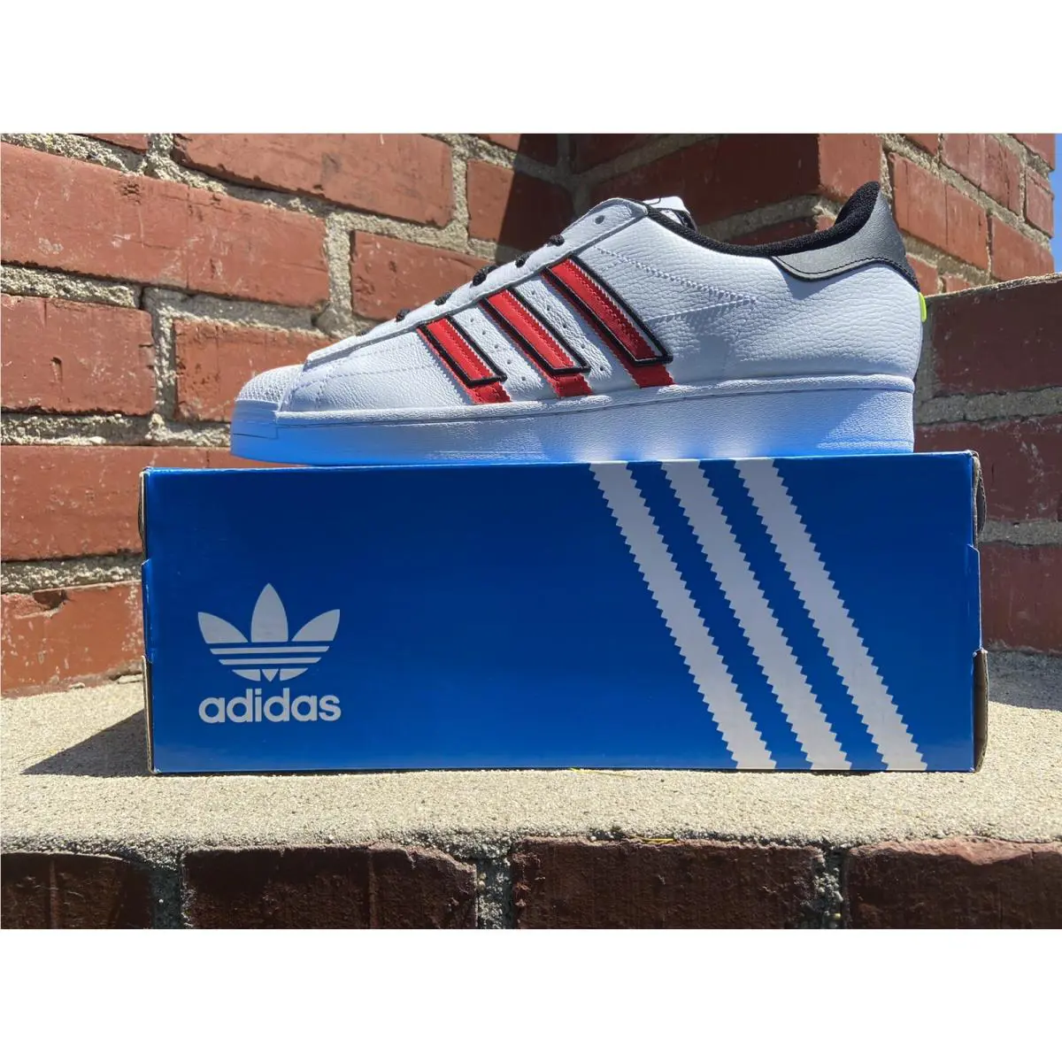 Adidas Superstar White with Vivid Red and Solar Yellow Men Size 11 Style GX6026