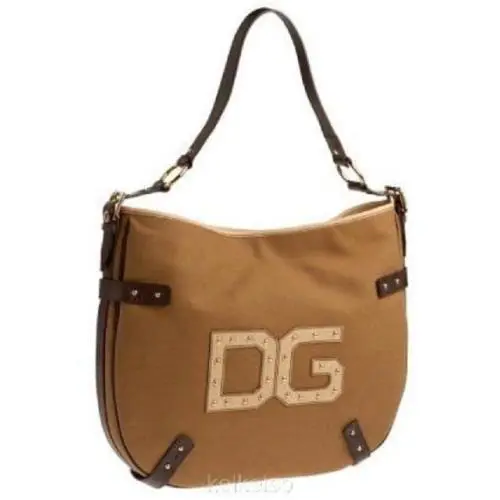 Dolce Gabbana D G Logo Large Brown Canvas Leather Shoulder Bag Handbag Purse