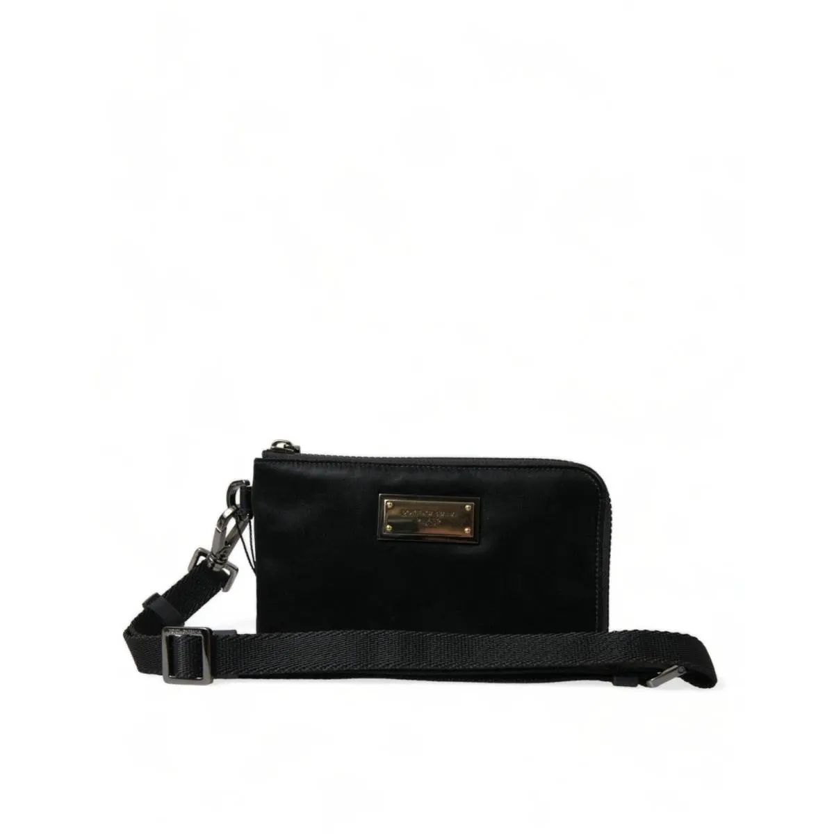 Dolce Gabbana Black Nylon Logo Plaque Keyring Pouch Clutch Bag