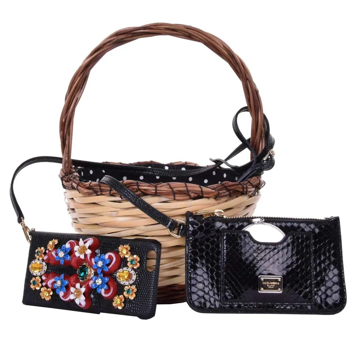 Dolce Gabbana Straw Basket Tote Agnese W/snakeskin Pouch Bag