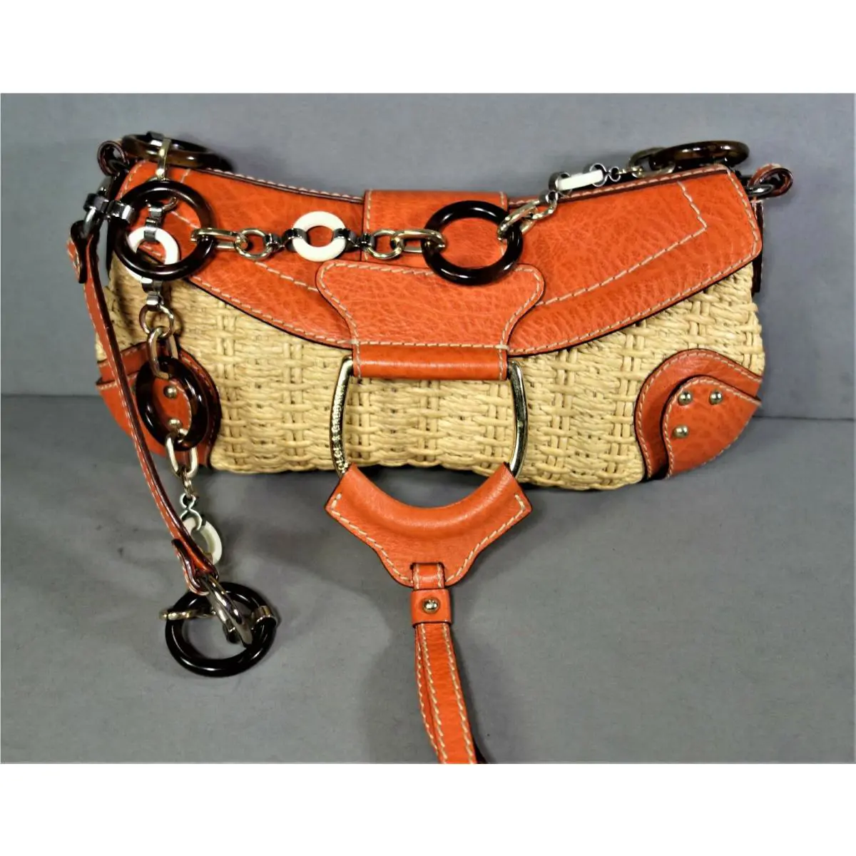 Dolce Gabbana Orange Leather Beige Wickertote Shoulder Bag Cross Body
