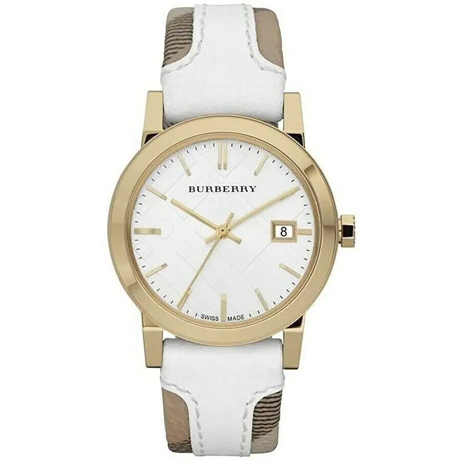 Burberry BU9110 Haymarket Gold Tone Stainless Steel Women`s Watch - Dial: White, Band: Trench check, White, Bezel: Gold