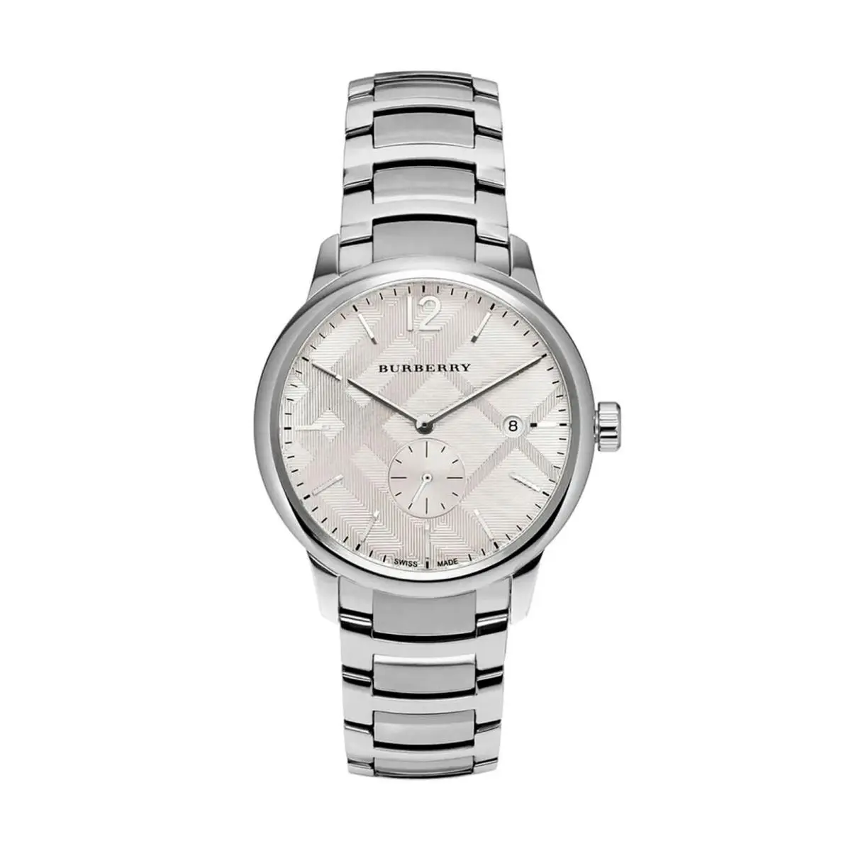 Burberry The Classic BU10004 40mm Silver Textured Check Dial Swiss Quartz Watch - Dial: Silver, Band: Silver, Bezel: Silver