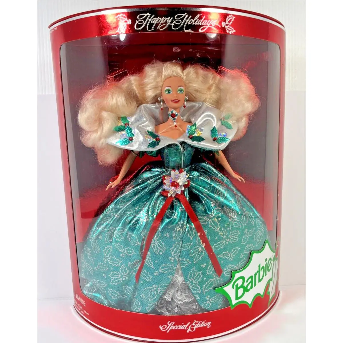 1995 Happy Holidays Barbie Special Edition Doll Mattel 14123 Blonde Green