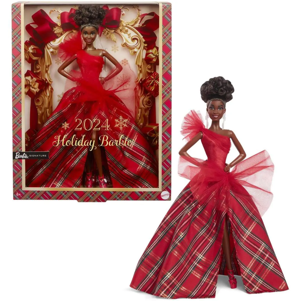 2024 Holiday Barbie Doll Curly Brown Hair Elegant Red Gown Gift Display