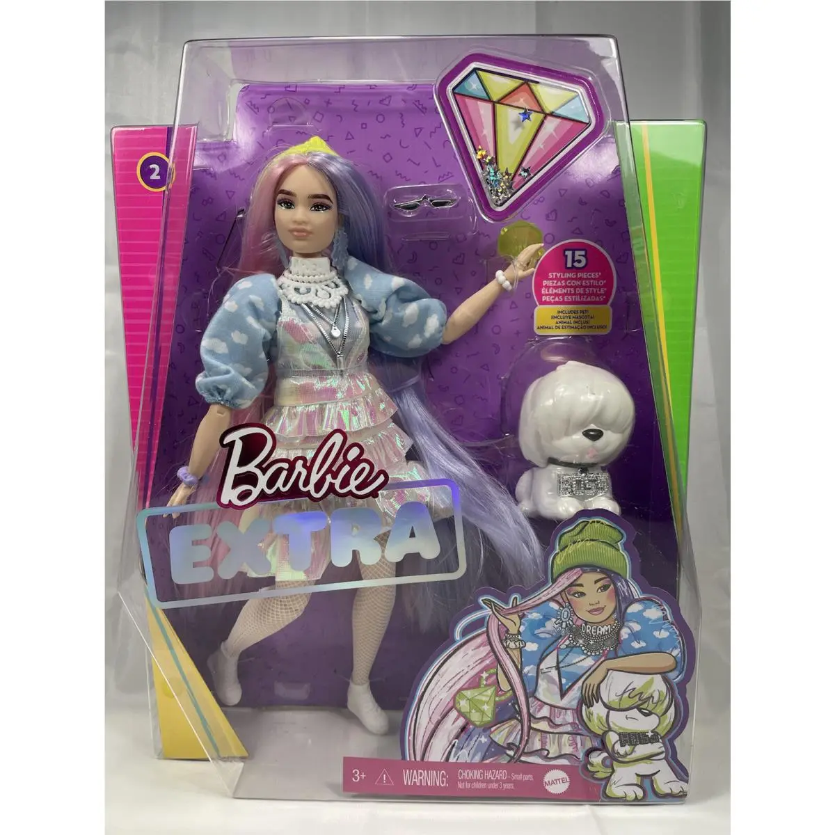 Barbie Extra Doll 2 in Shimmery Look with Pet Puppy Pink Purple Fantasy Hair