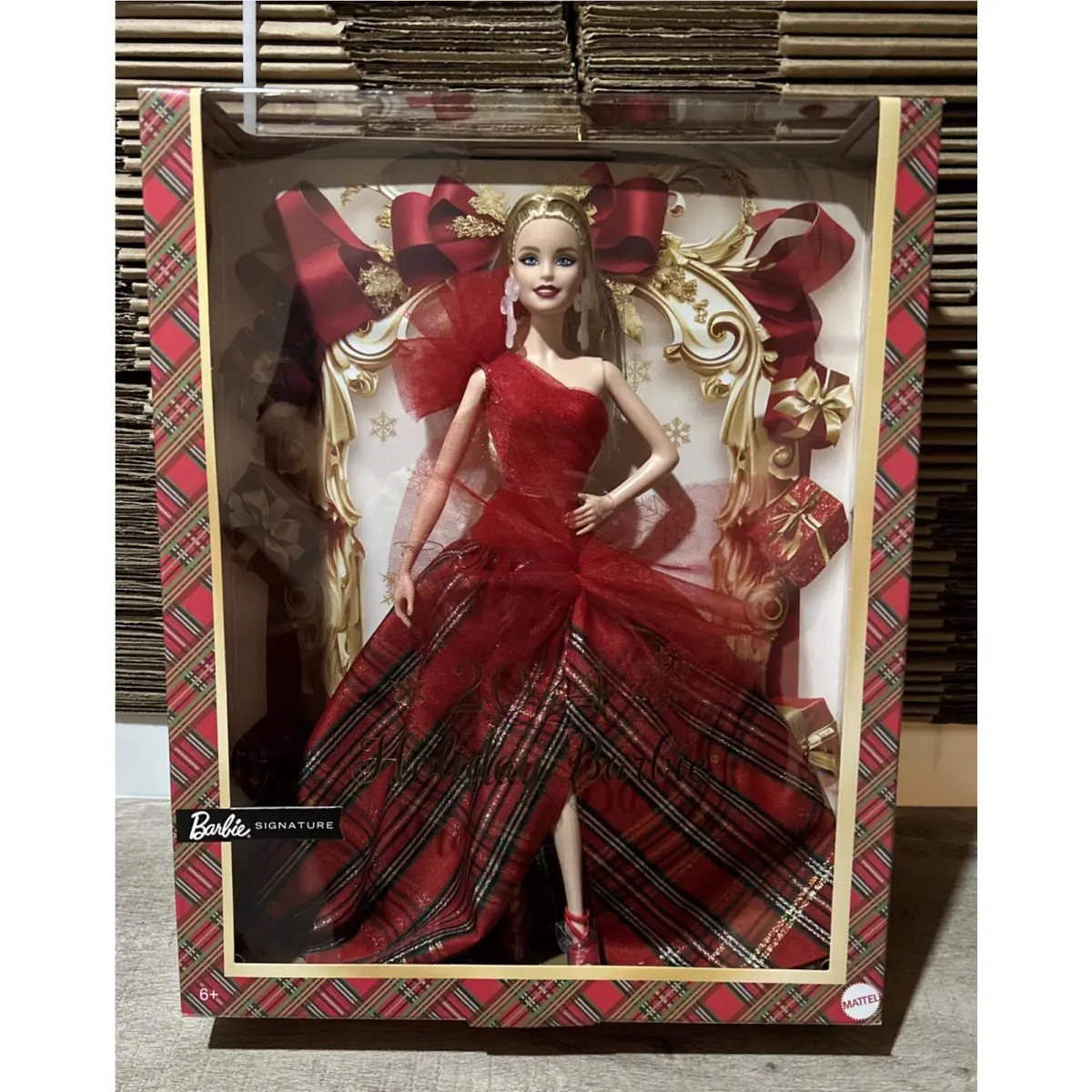 2024 Barbie Signature Doll Holiday Blonde Fashion Doll Plaid Gown