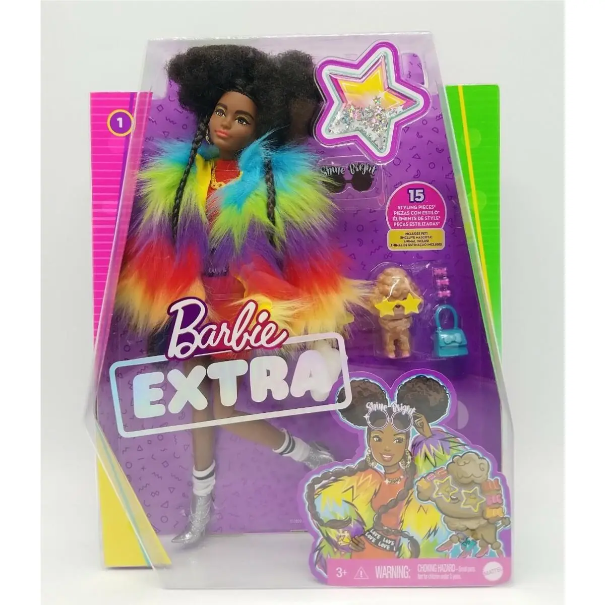Barbie Extra Doll 1 African American Furry Rainbow Coat Poodle Accessories