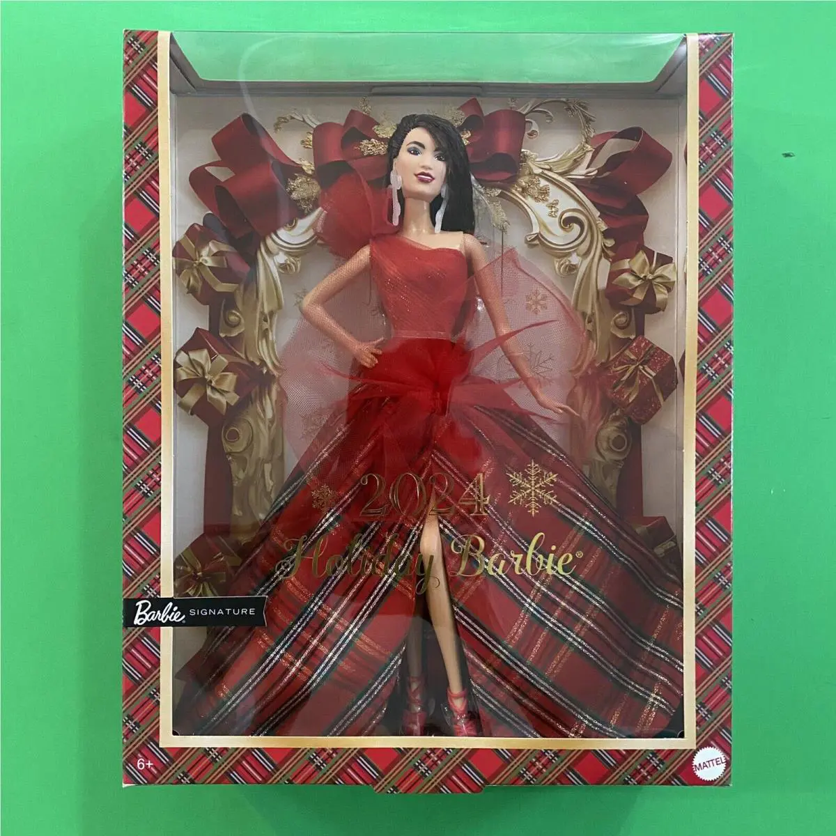 Barbie 2024 Holiday Signature Doll Plaid Dress Asian Dark Brown Hair HRM68