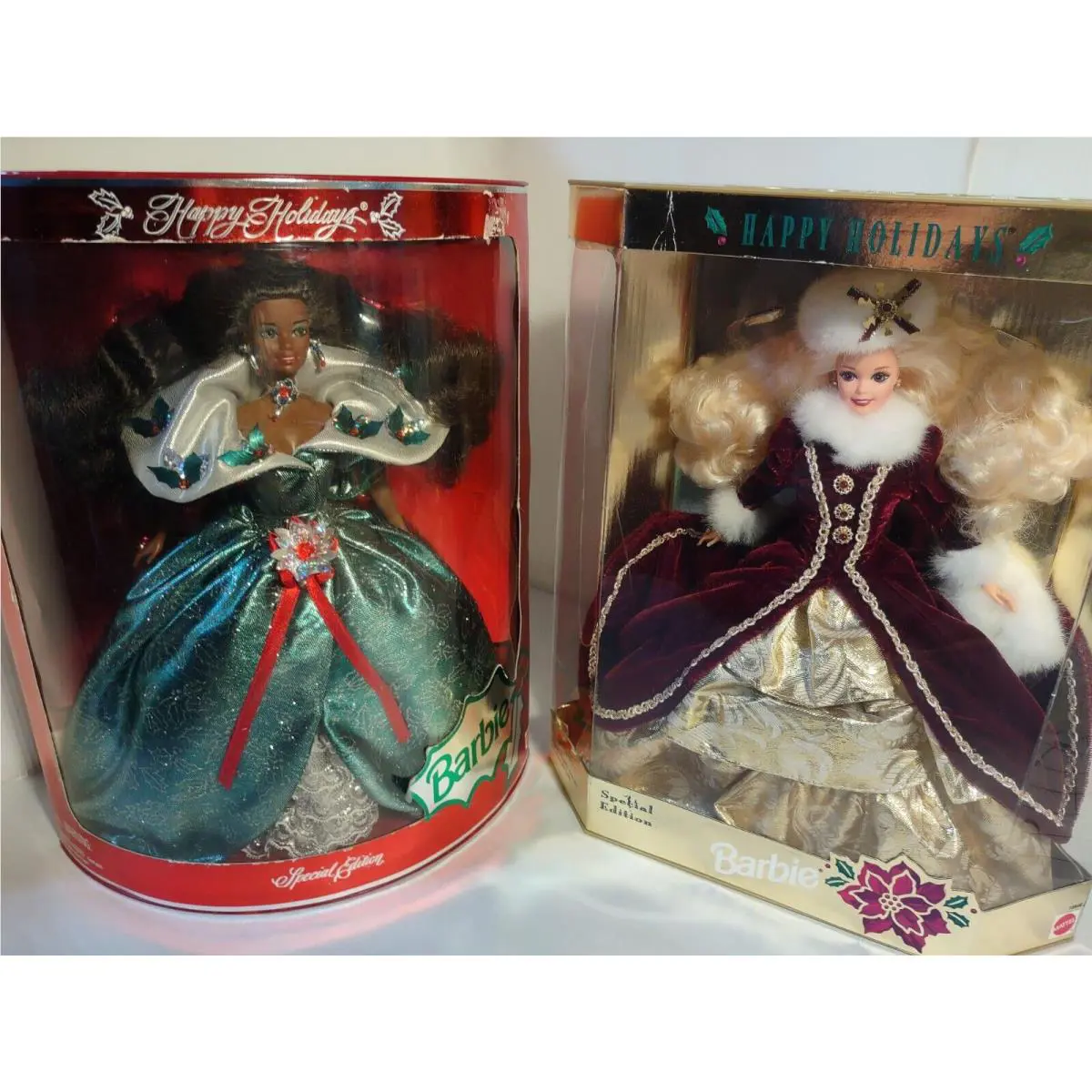 2pc Barbie Happy Holidays Special Edition 1995 A.a. 1996 Dolls Mattel