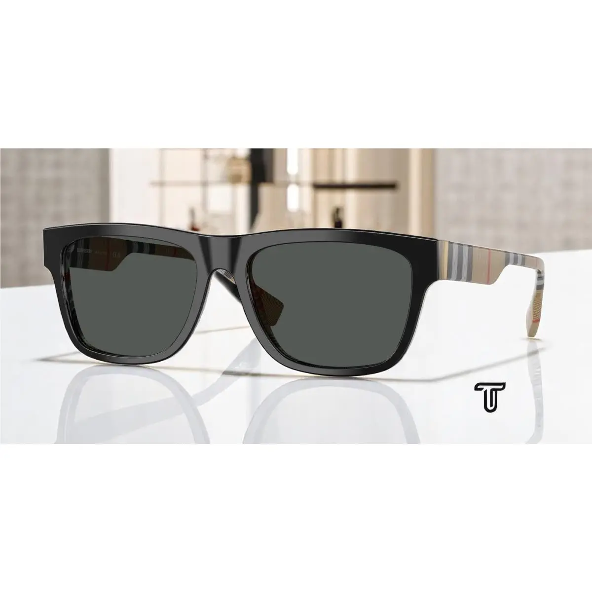 Burberry BE4293 380687 Top Black On Vintage Check Grey 56 mm Men`s Sunglasses