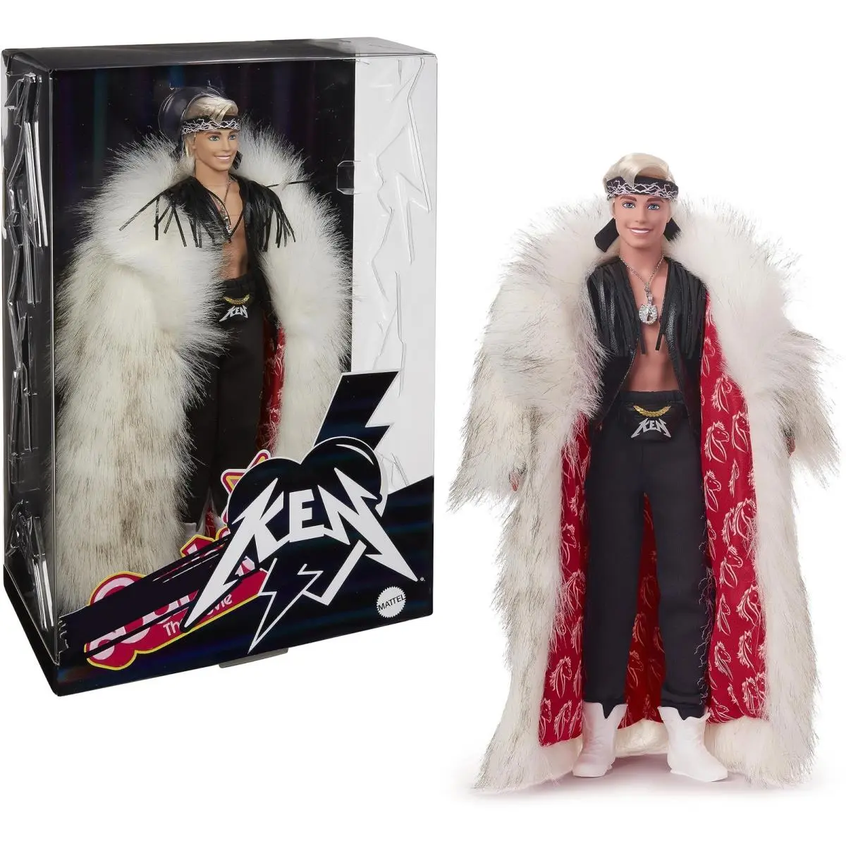 Barbie The Movie Collectible Ken Doll Wearing Big Fur Coat and Black Fringe