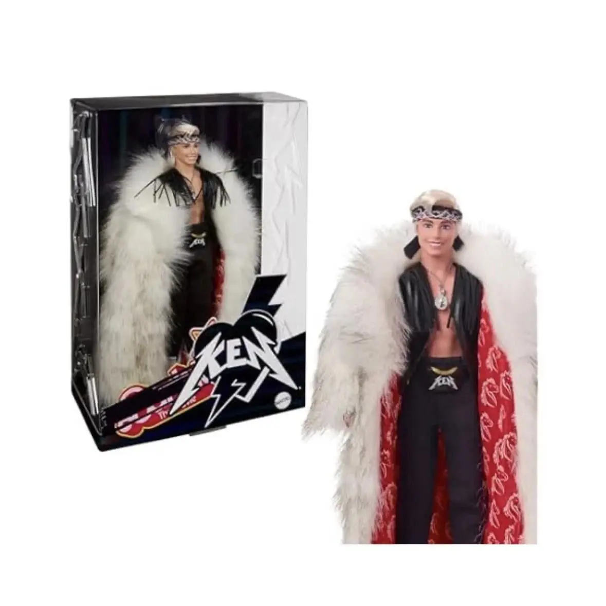 Barbie The Movie Ken Doll Big Fur Coat Black Fringe Vest with Bandana