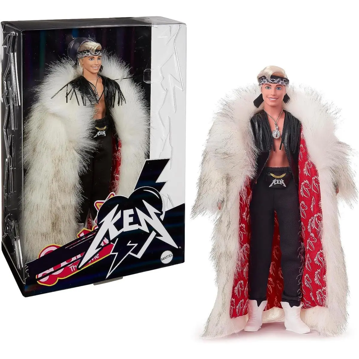 Barbie The Movie Ken Doll Big Fur Coat Black Fringe Vest with Bandana