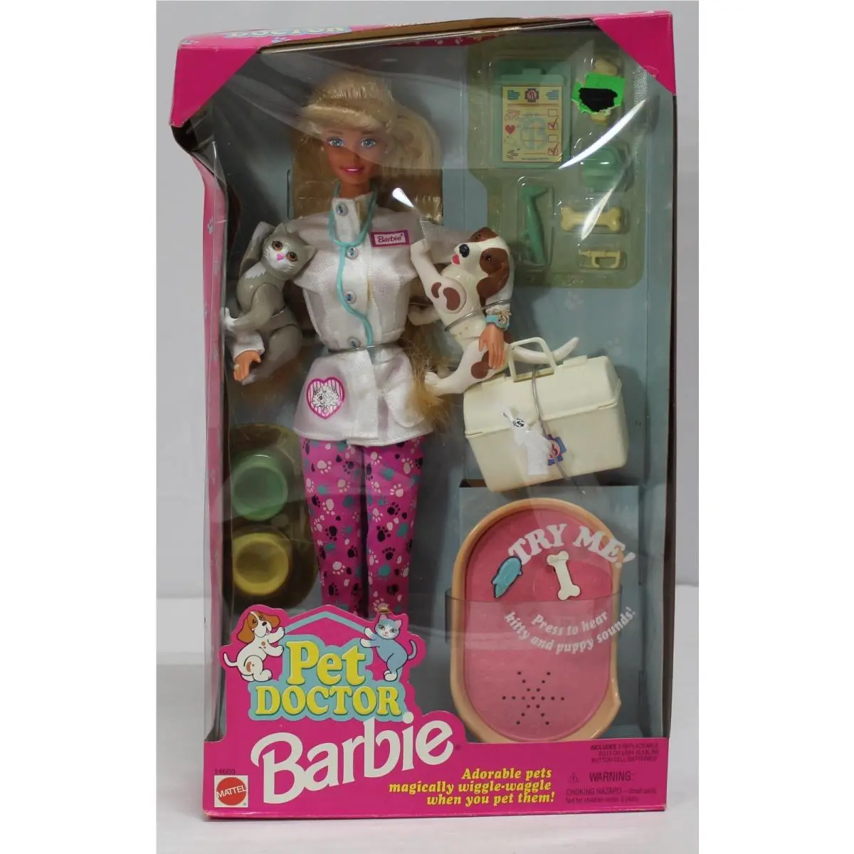 Vintage 1996 Vet Barbie Doll Pet Doctor Veterinarian Wiggle Waggle Dog Cat