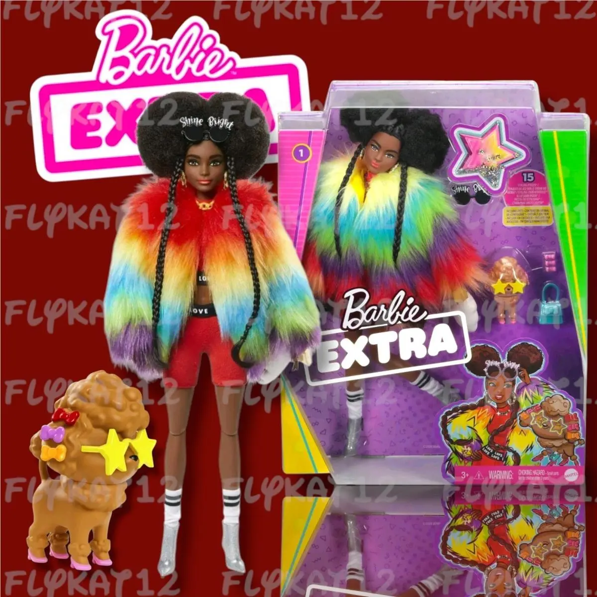 Barbie Extra Doll 1 Furry Rainbow Coat Pet Poodle Brunette Afro-puffs Braids