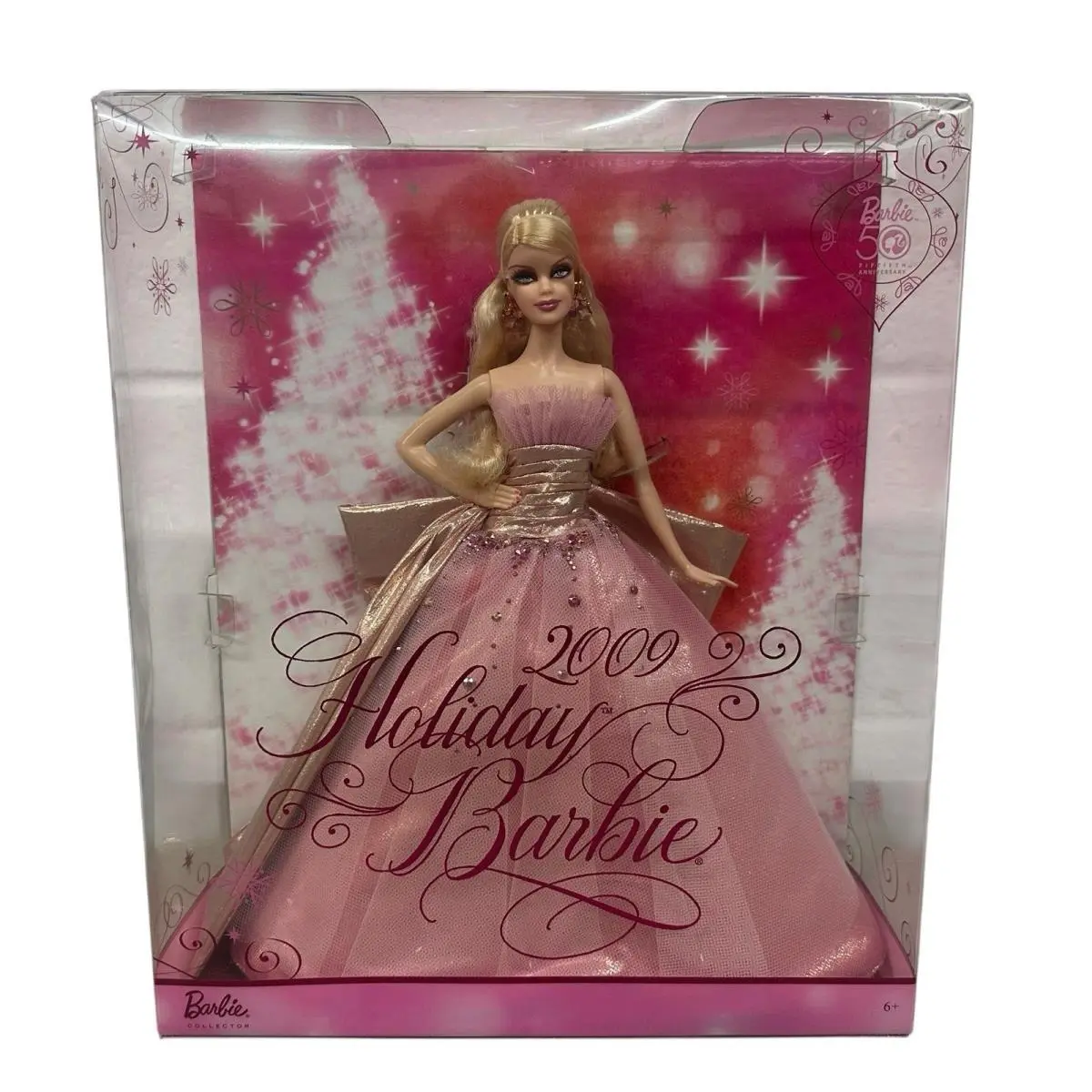 Barbie 2009 Holiday Barbie Doll Pink Gown Blonde 50th Anniversary N6556