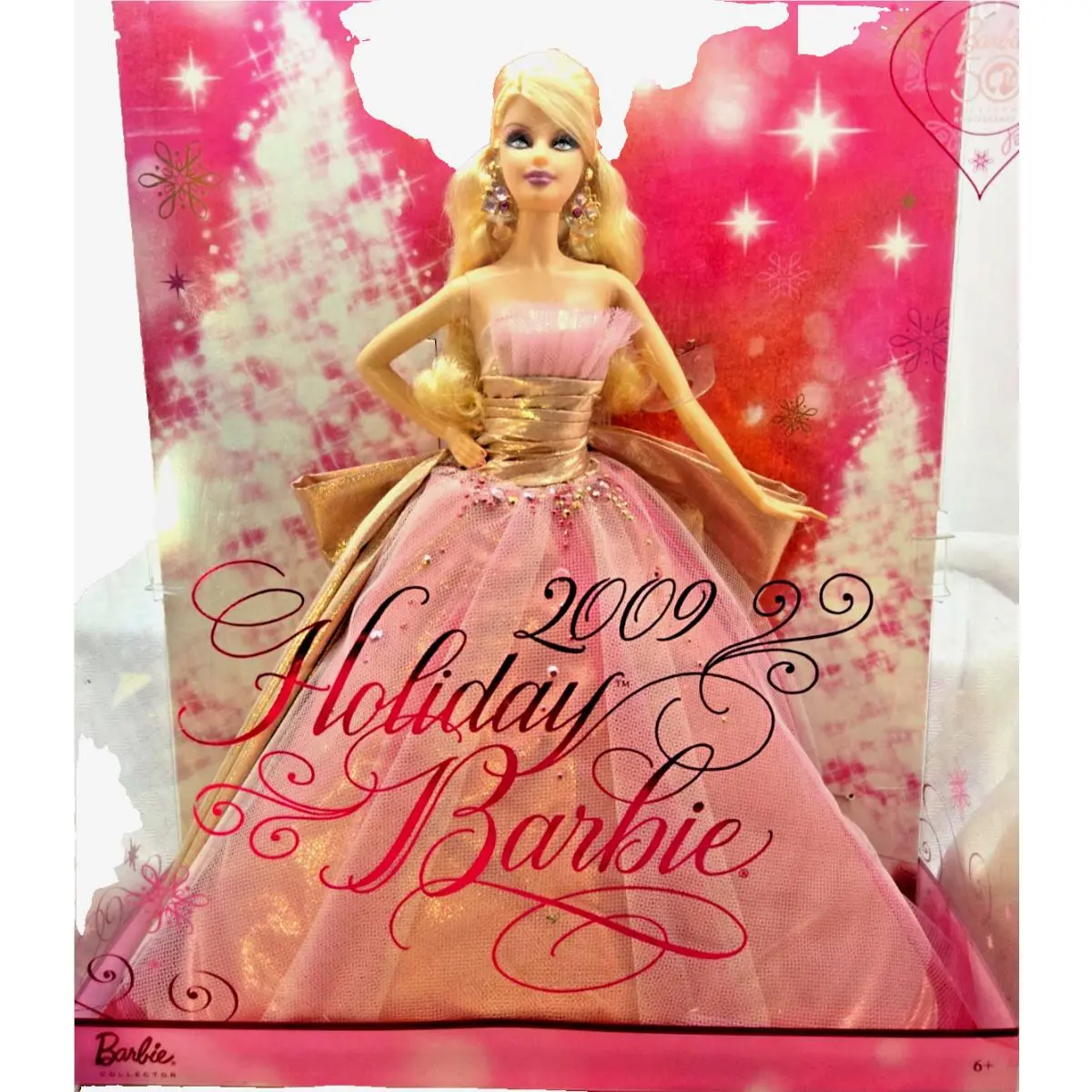 Holiday Barbie 2009 - 50th Anniversary - Beautiful Pink Gown-gold Trim