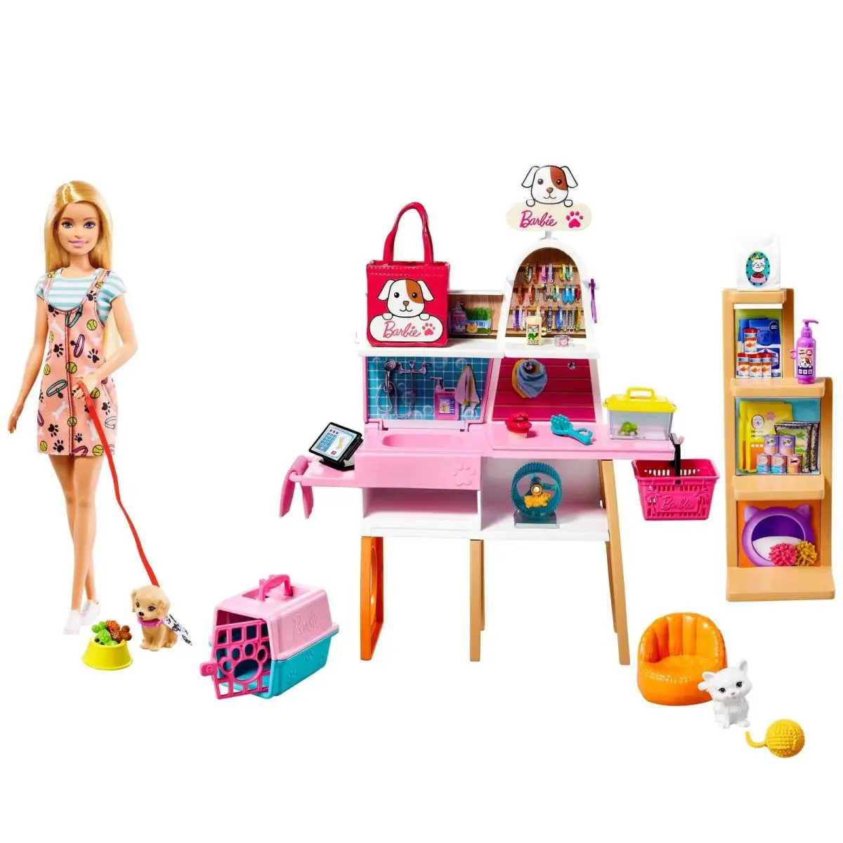 Barbie Doll 11.5-in Blonde and Pet Boutique Playset with 4 Pets Color-change