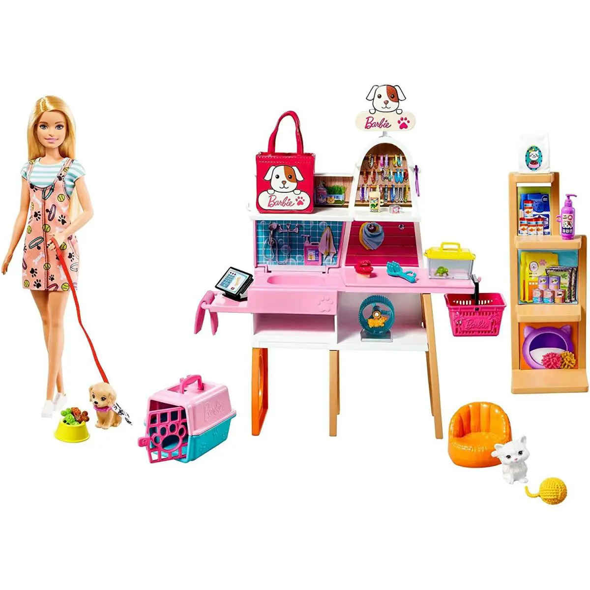 Barbie Doll and Pet Boutique Playset with 4 Pets Color-change Grooming Feature