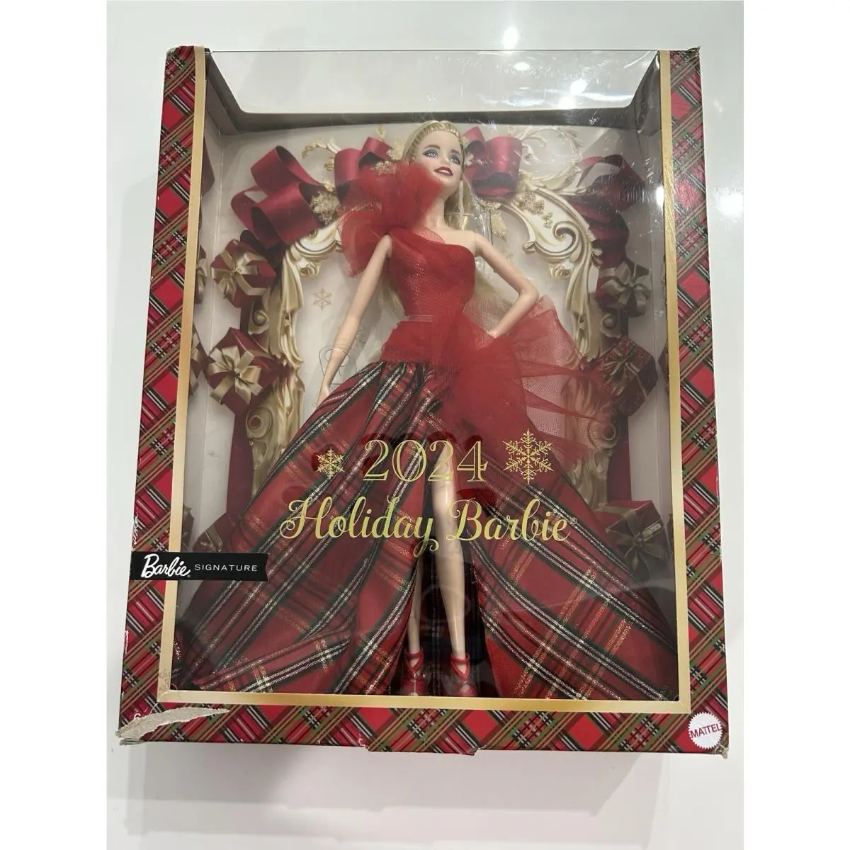 Barbie Signature Doll 2024 Holiday Blonde Fashion Doll Wearing Gown with Plaid
