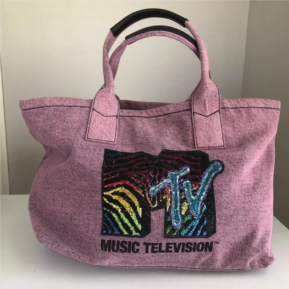 Marc Jacobs Mtv Logo Rainbow Sequins Pink Denim Tote Bag