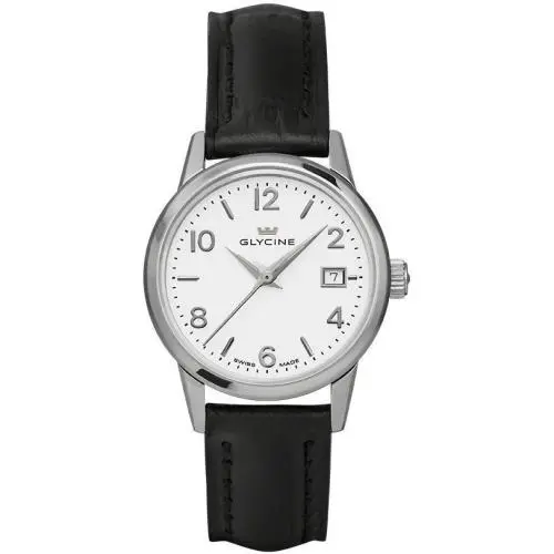 Glycine 3909-11-Lbk9 Women`s Black Leather Swiss Made White Dial Watch