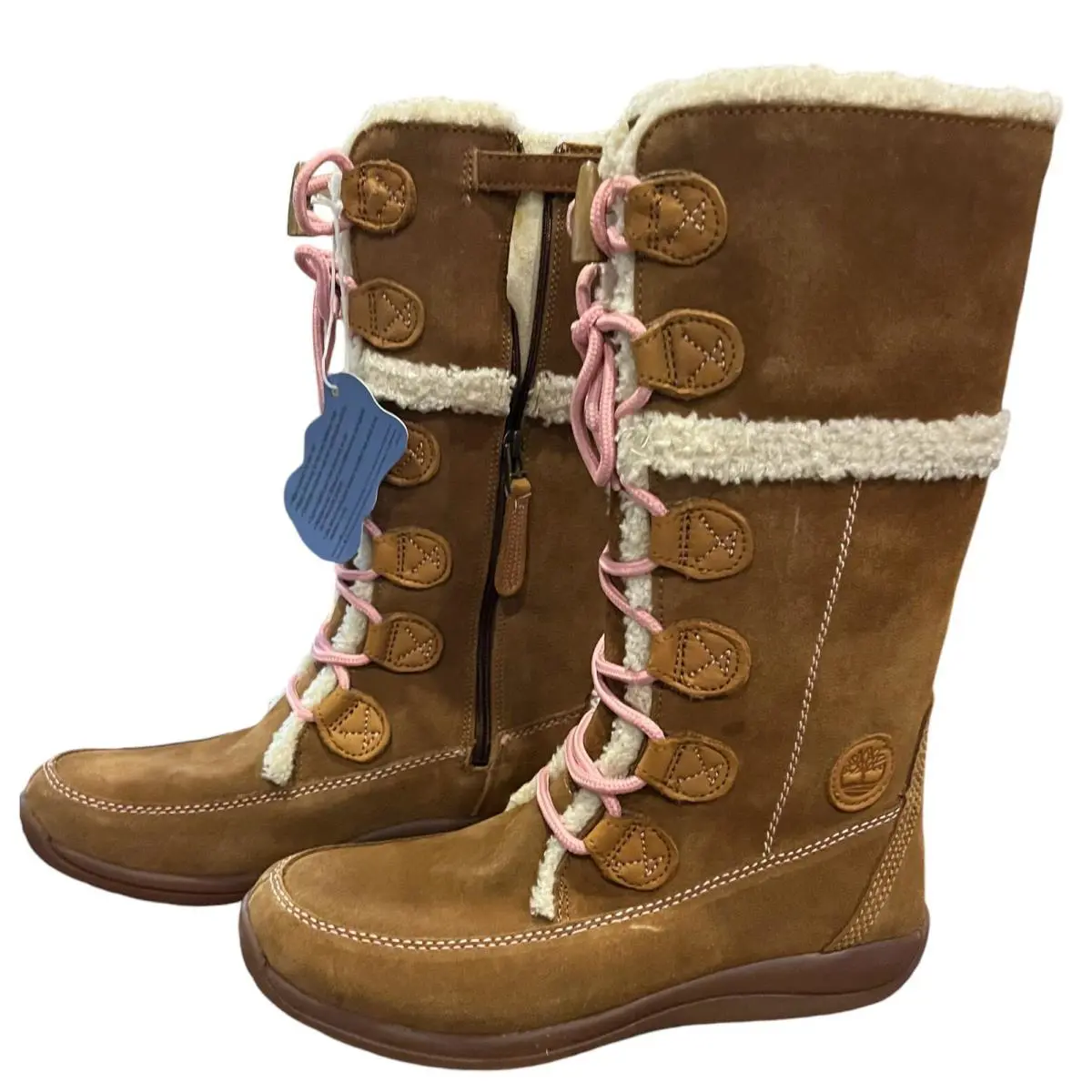 Timberland Brown Leather Tall Winter Boots Wool Lined Girls Size 5.5 Women 6.5/7