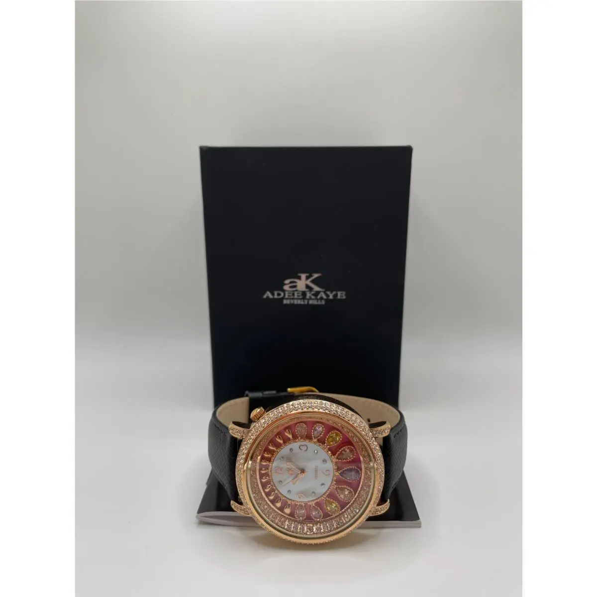 AK2112-LRG Womens Black Leather Band Gold Case Tear Drop Wristwatch by Adee Kaye