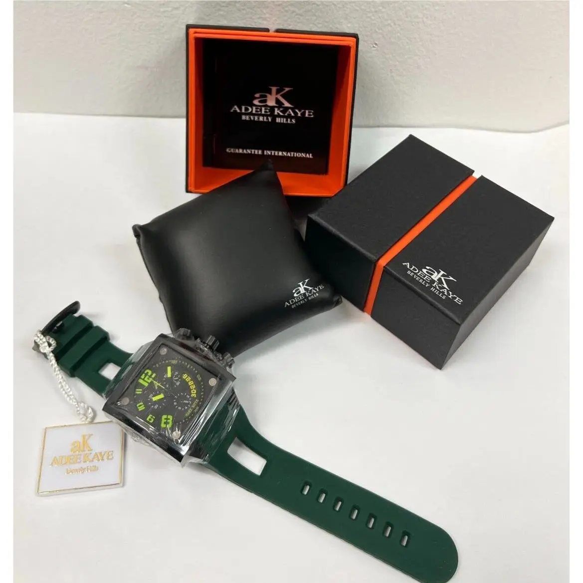 Adee Keye AK 7115 Black Green Square Personal Collection Chronograph Men`s Watch