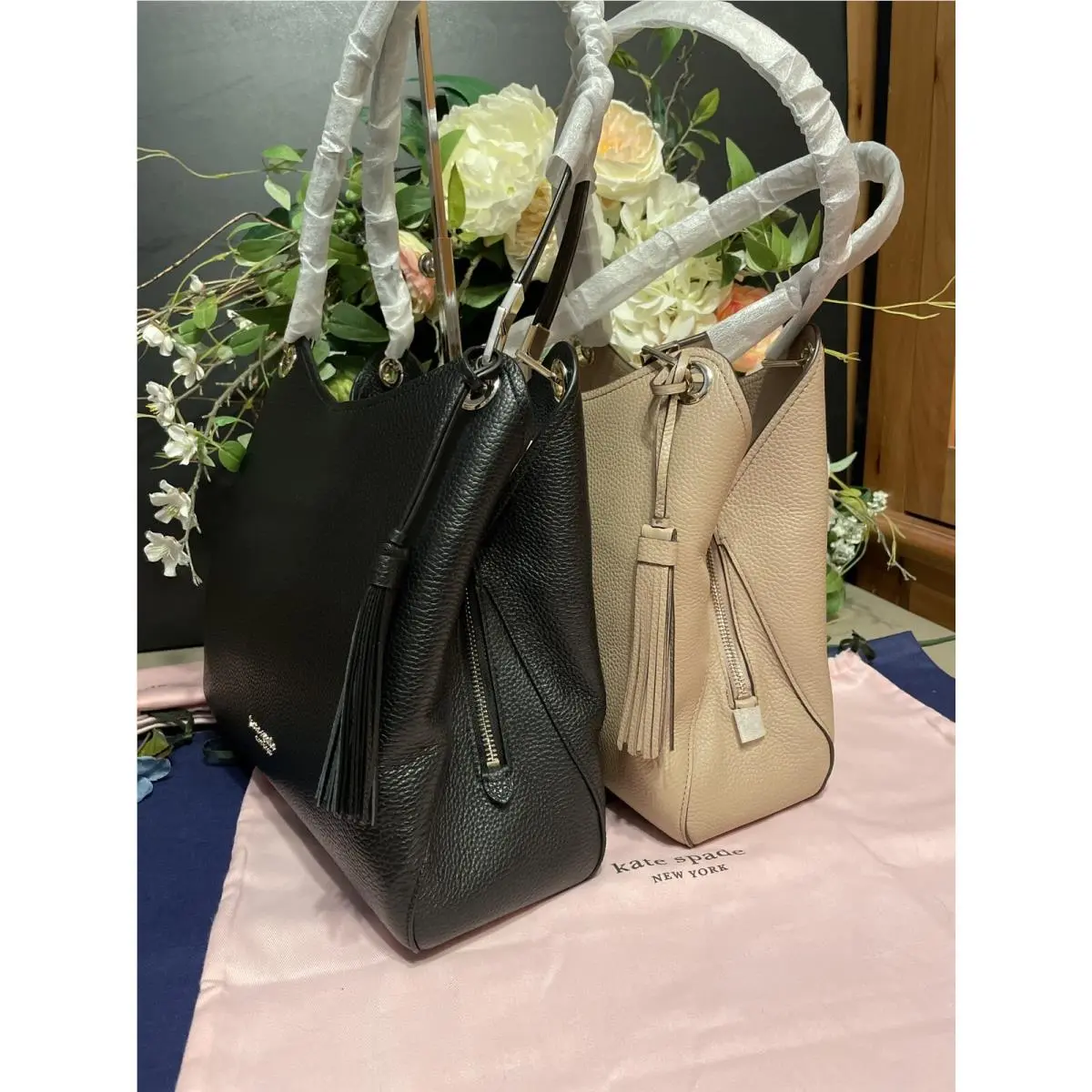 Kate Spade NY Loop Tassel Leather Shoulder Bag Black or Pecan Taupe Beige