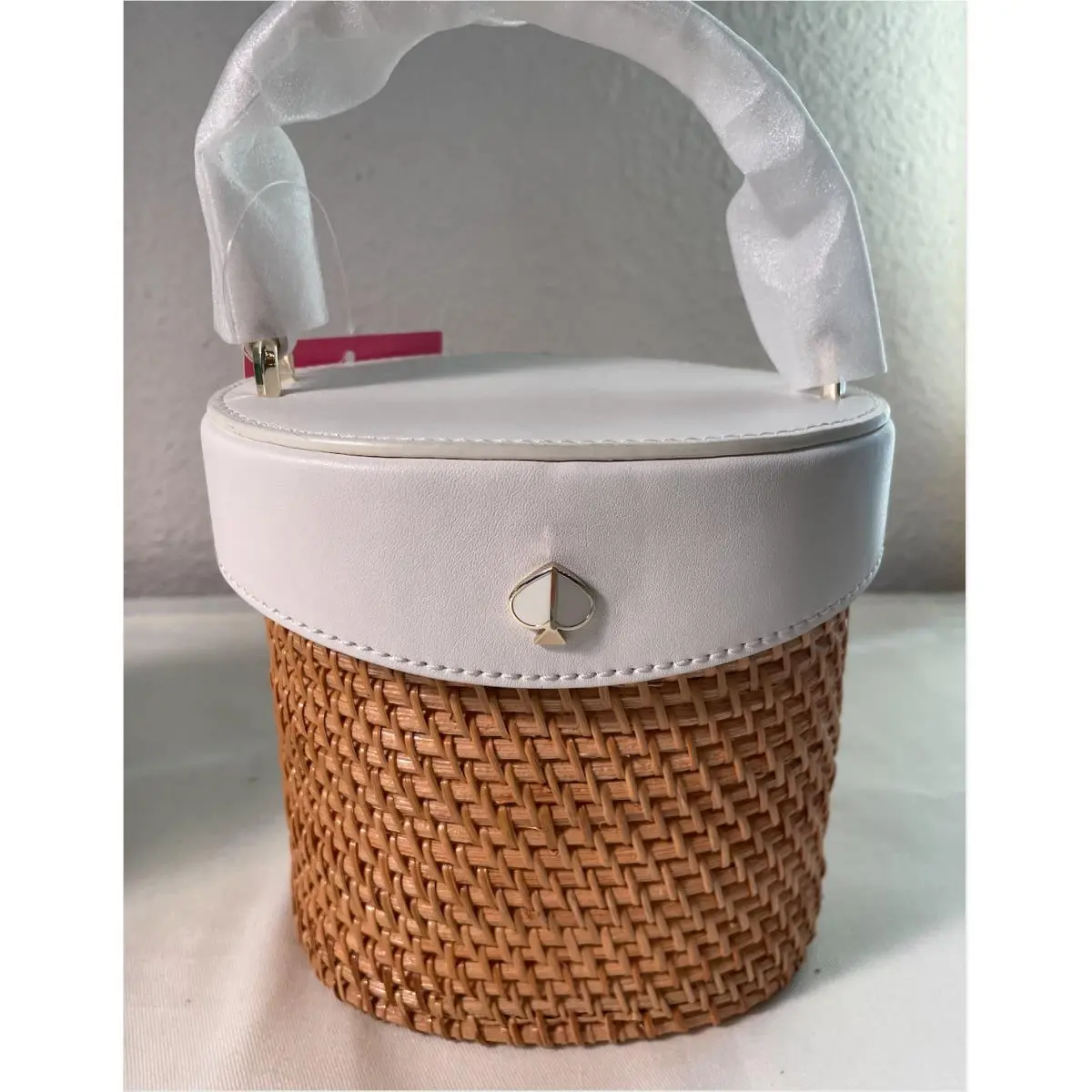 Kate Spade Straw Mini Bucket Rose PXRUA287 Wicker Satchel White Green