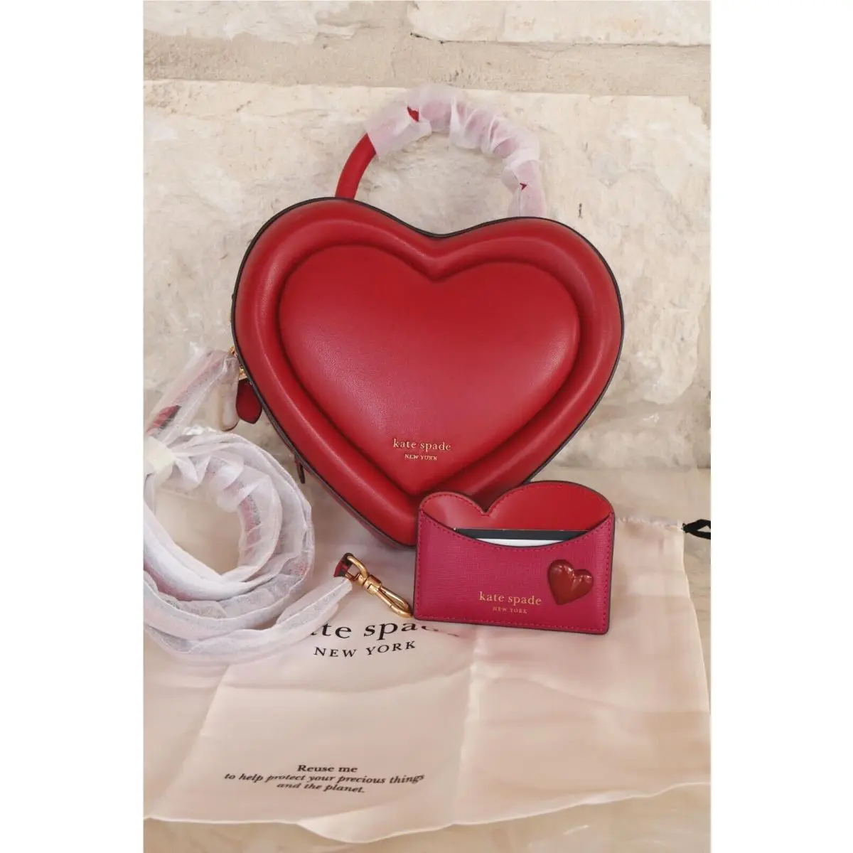 Pitter Patter Perfect Cherry Leather 3D Heart Satchel Bag Set Opt 2-pc 2-pc Heart Bag + Card case Pitter Patter reds by Kate Spade