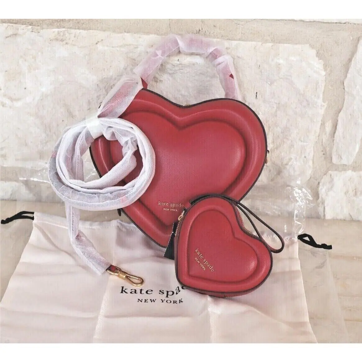 Pitter Patter Perfect Cherry Leather 3D Heart Satchel Bag Set Opt 2-pc Heart Bag + Wristlet Pitter Patter Perfect Ch by Kate Spade