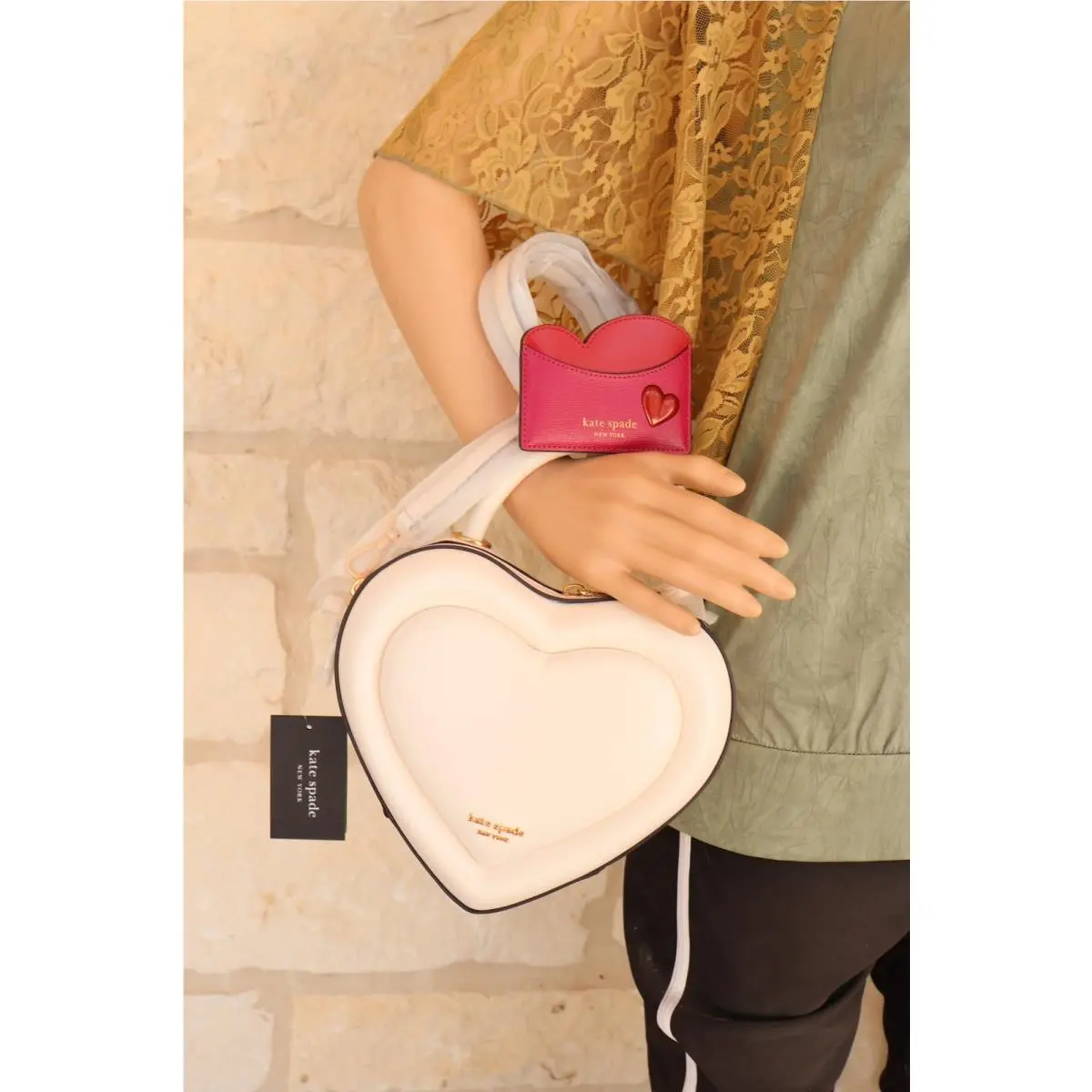 New  Pitter Patter Smooth Leather 3D Heart Crossbody Bag Cream or 2-pc 2-pc. Cream Pitter Padder + Red cardcase w/ Heart by Kate Spade