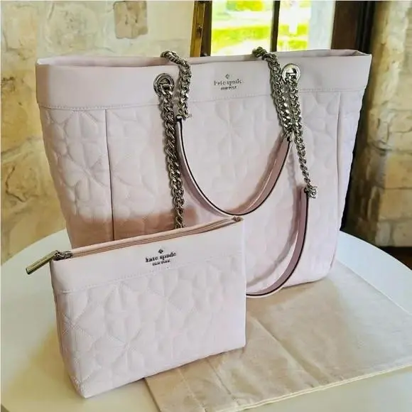 Kate Spade Flower Quilted Fabric XL Tote Bag+ Cosmetic Pouch Pale Ameth