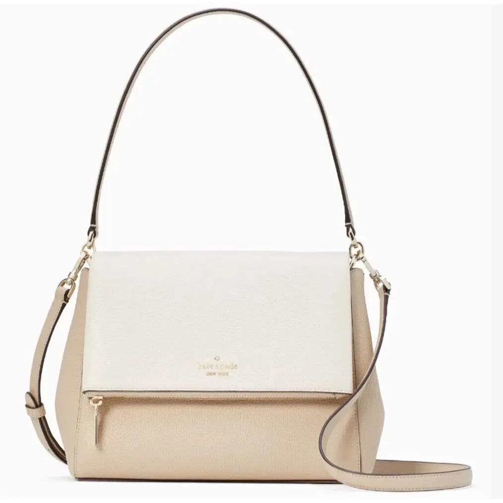 Kate Spade Leila Medium Flap Shoulder Bag Beige White Leather