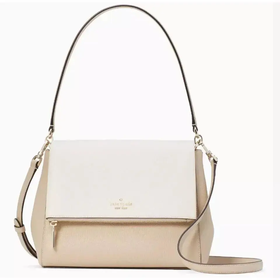 Kate Spade Leila Medium Flap Shoulder Bag Beige White Leather K6762