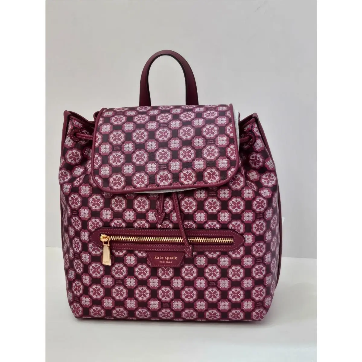 Kate Spade Flower Monogram Mia Flap Backpack Garnet Rose New