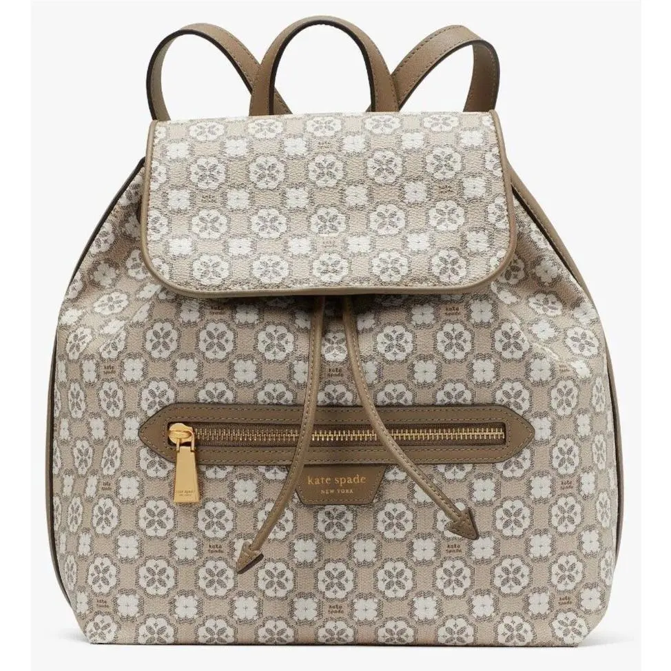 Kate Spade Flower Monogram Mia Flap Backpack Taupe White Retail FS