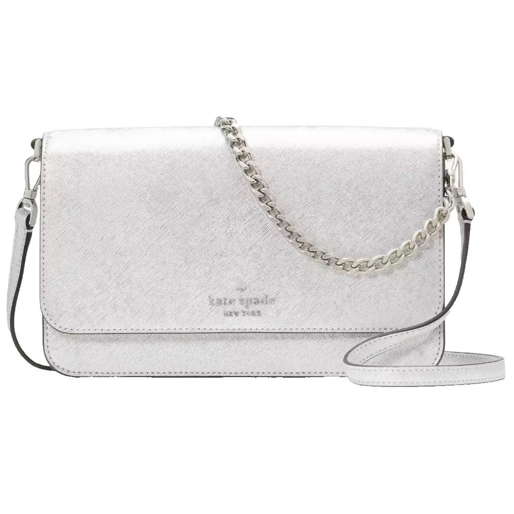 Madison Flap Crossbody Bag Silver Leather Chain Purse KI928 by Kate Spade