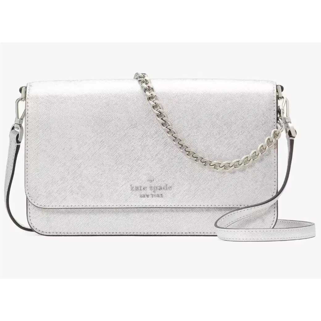 Kate Spade Madison Flap Crossbody Bag Silver Leather Chain Purse KI928