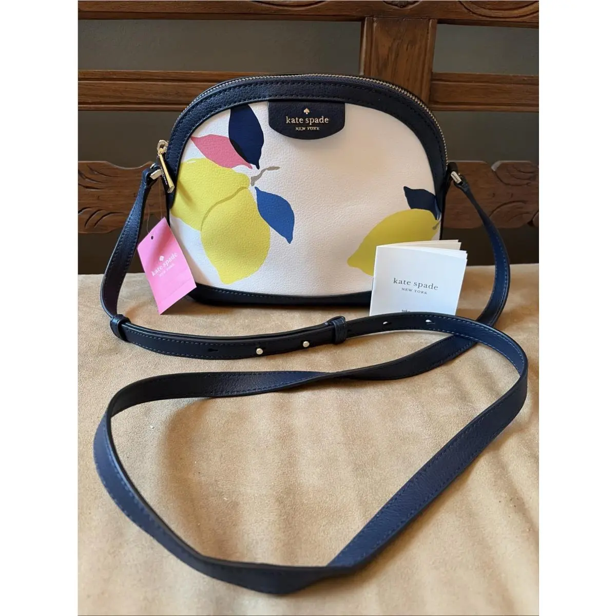 Kate Spade New York XL Dome Crossbody Bag Sylvia Lemon Zest Leather Purse - Handle/Strap: Blue, Hardware: Gold, Lining: Blue