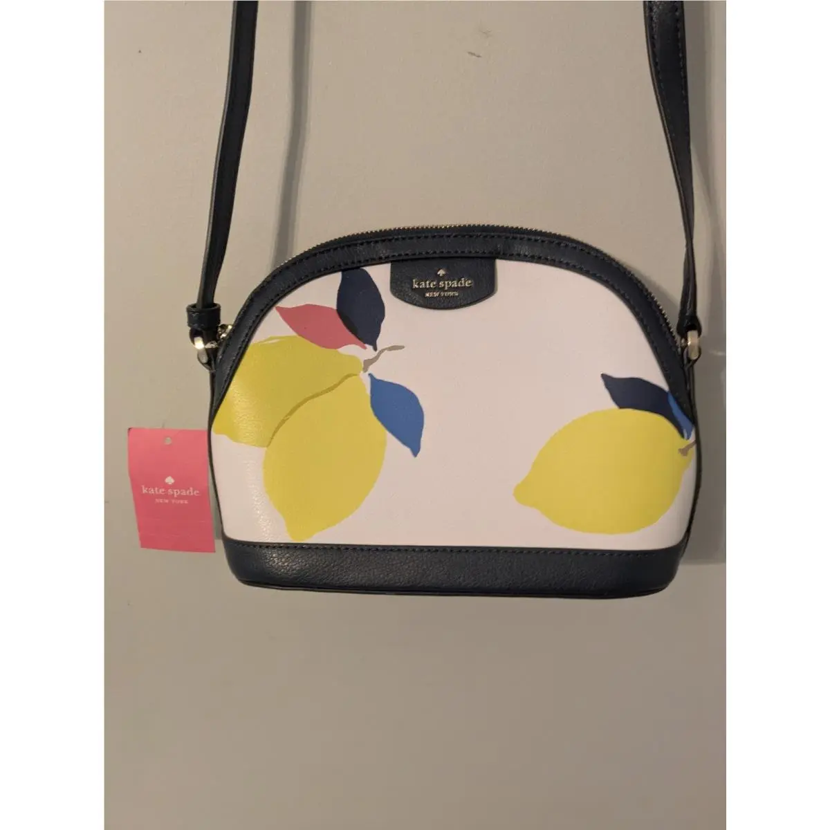 Kate Spade Leather Sylvia Lemon Zest Dome Crossbody Bag Navy / White Multi - Handle/Strap: Blue, Hardware: Gold, Exterior: multicolor