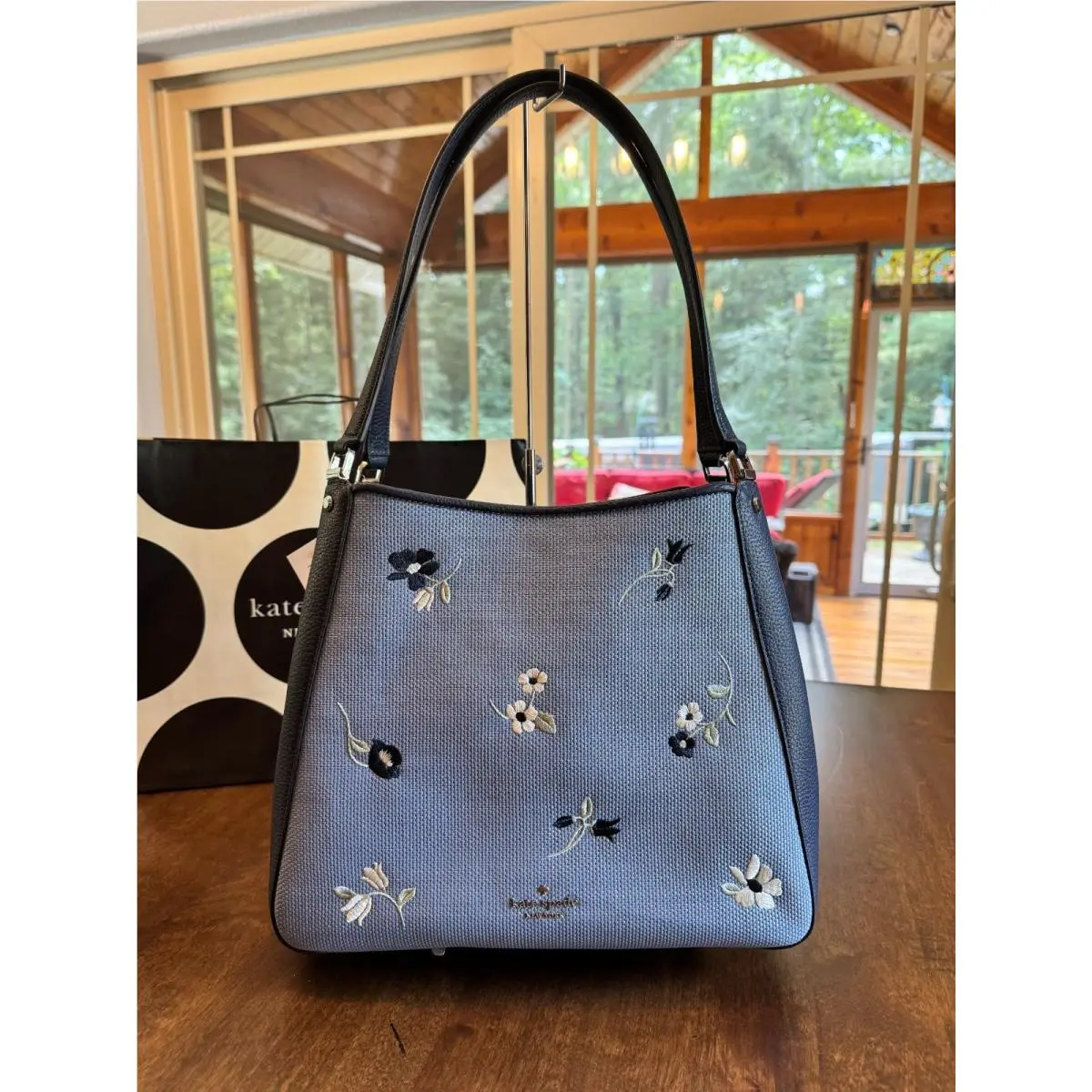 Kate Spade Leila Floral Embroidered Medium Triple Compartment Shoulder Indigo