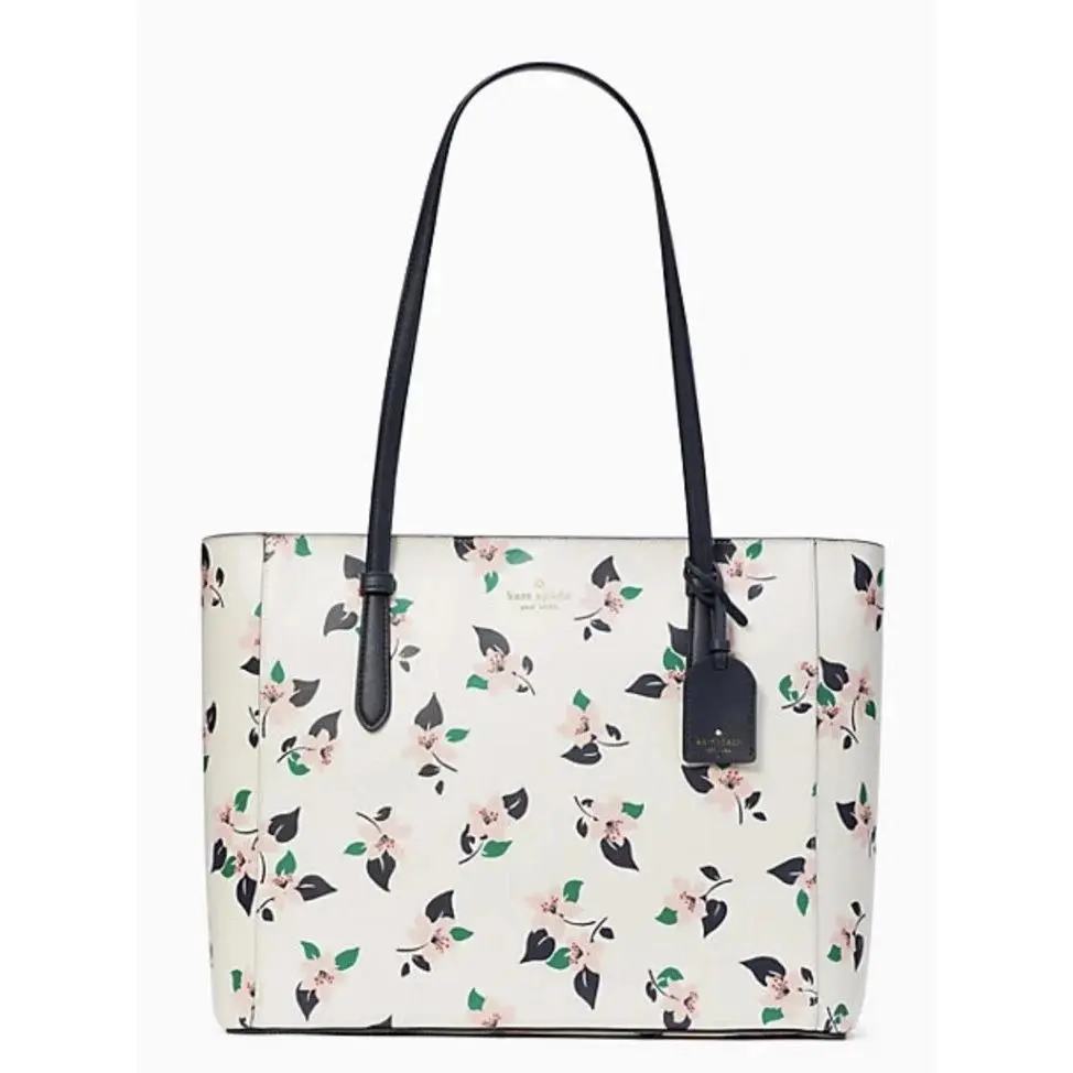 Kate Spade Schuyler Medium Leather Tote Bag Cream Multi Lily Blooms Floral Bag