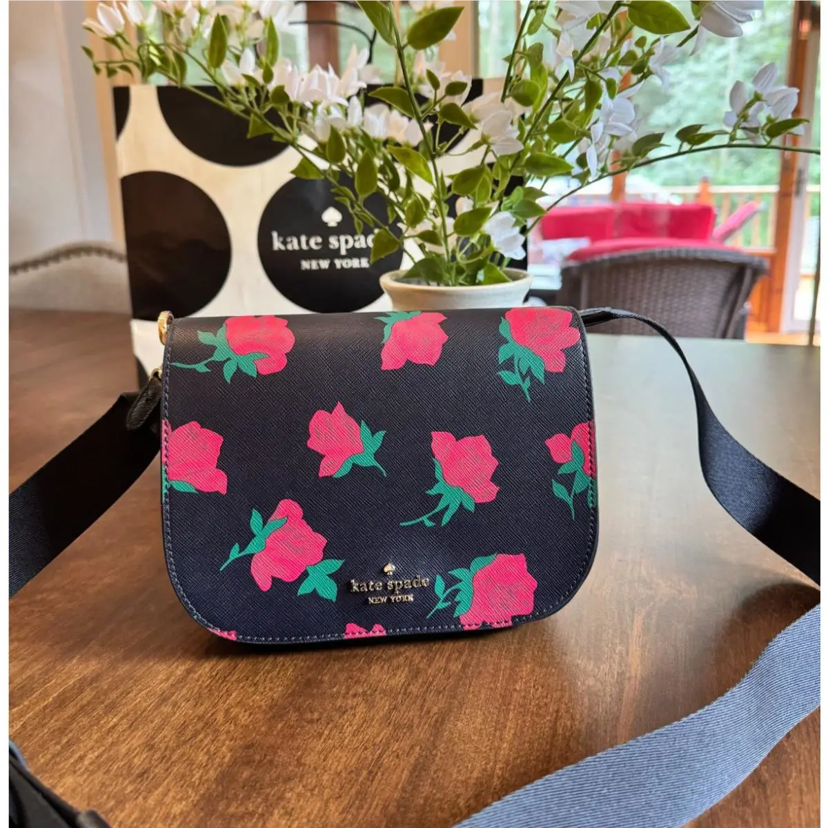 Kate Spade Madison Rose Toss Printed Saddle Bag KE533 Black Red Floral