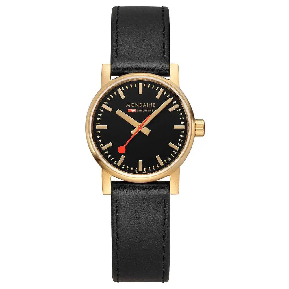 EVO2 30mm Gold Plated SS Case Black Leather Sapphire Crystal Watch by Mondaine