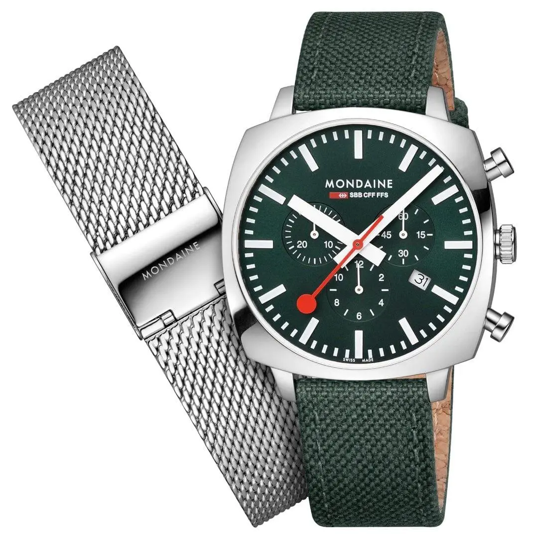 MSL.41460.LF.SET Grand Cushion 41mm Steel Park Green Quartz Wrist Watch by Mondaine