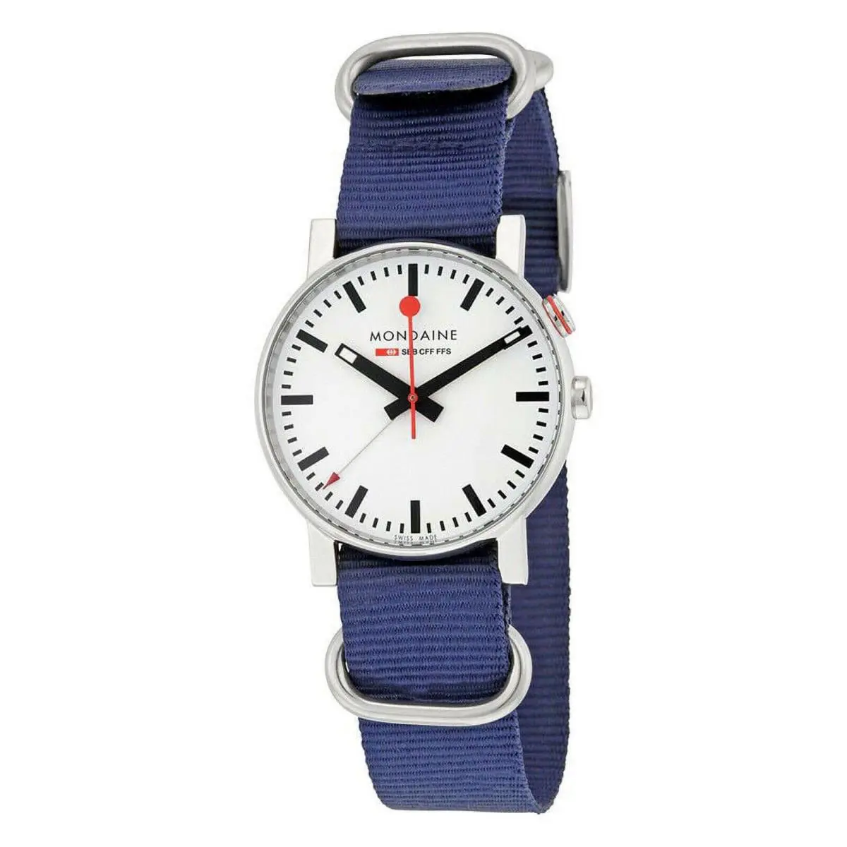 Mondaine A468.30352.11SND Evo Blue Nylon Steel 40mm Quartz Wrist Men Watch - Dial: White, Band: Blue, Bezel: Silver